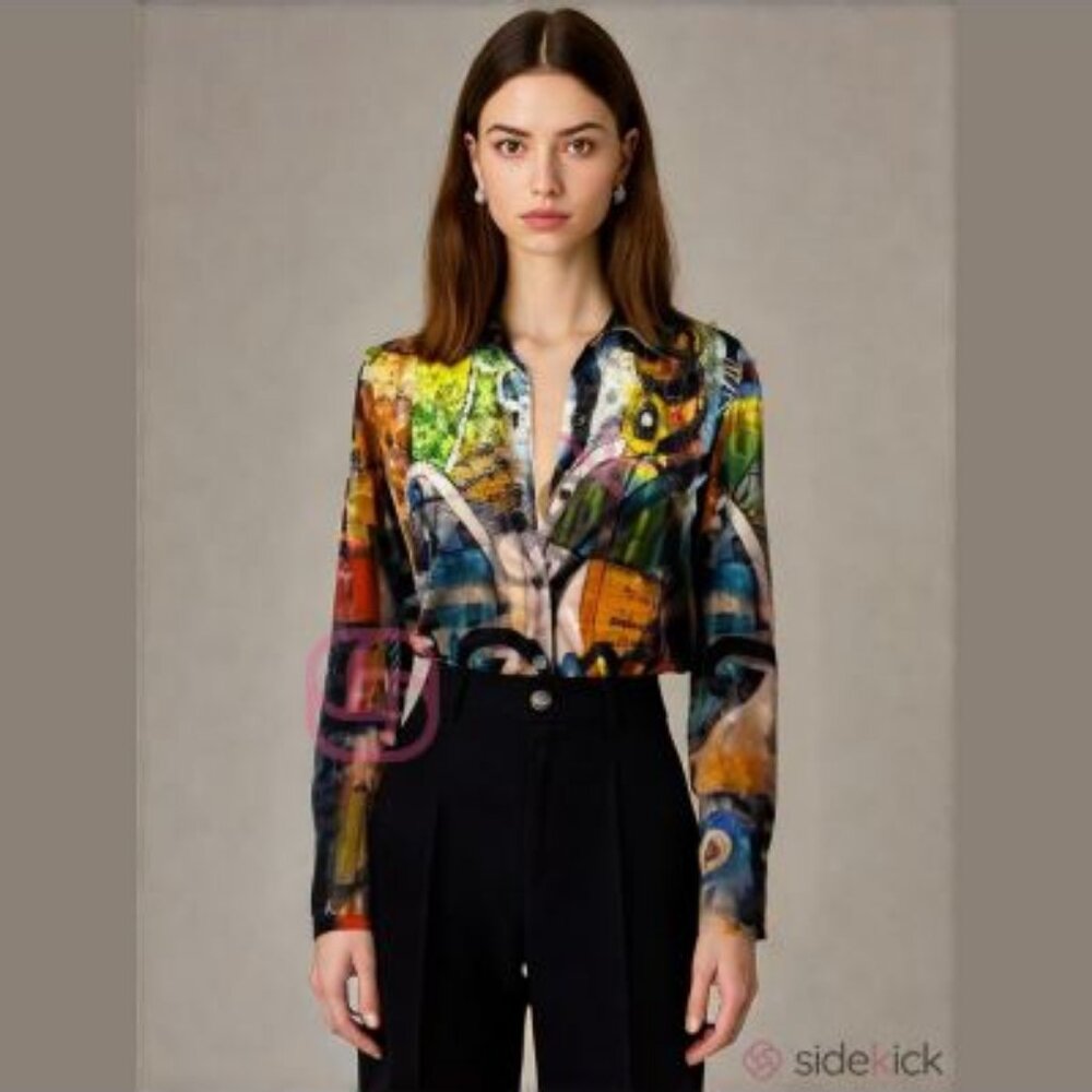 RARE!! Vintage Dolcezza Simply Art Artsy Velvet Painting Print Button Up Shirt